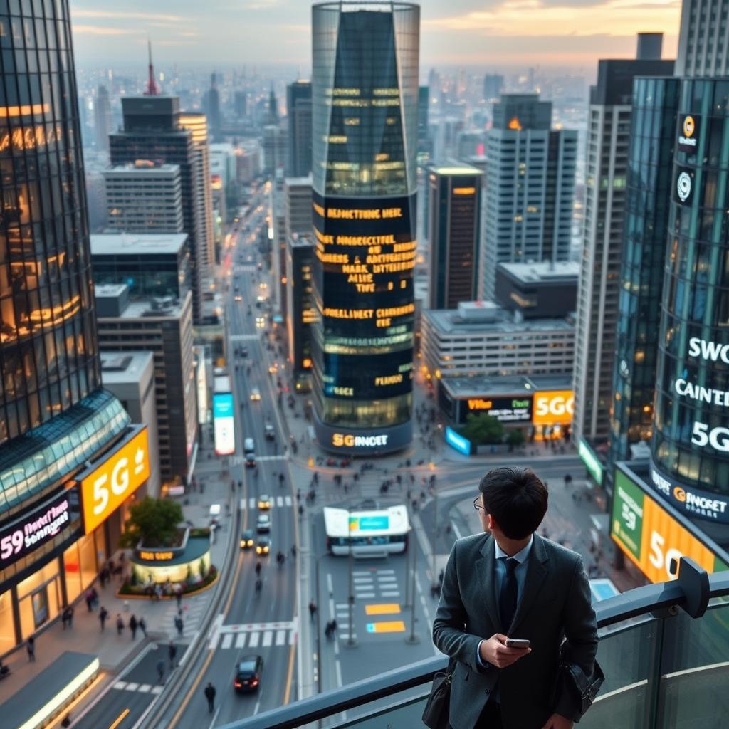 A bustling smart city with 5G towers