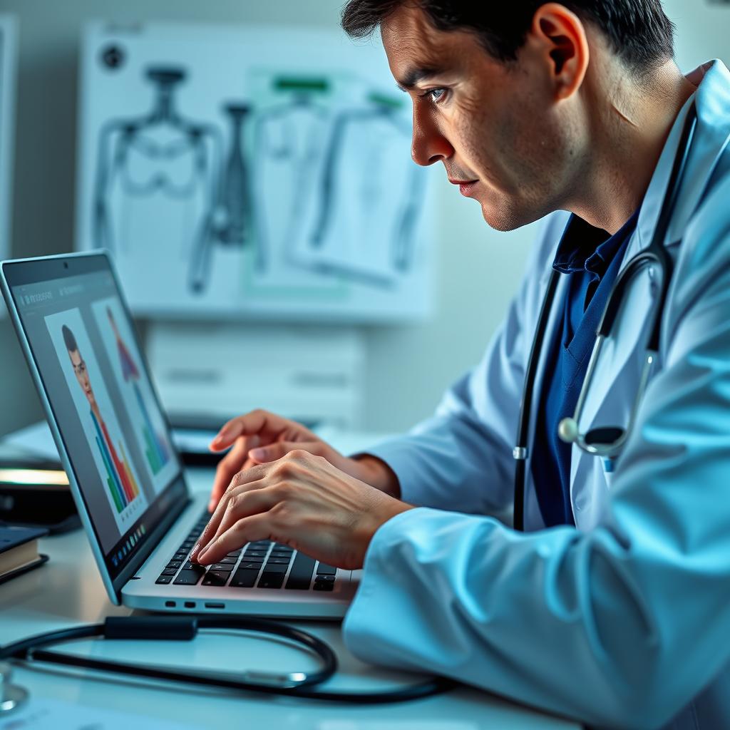 A professional healthcare setting, illustrating telemedicine practice, featuring a doctor consulting via a laptop with a patient on screen, showcasing modern healthcare technology in use
